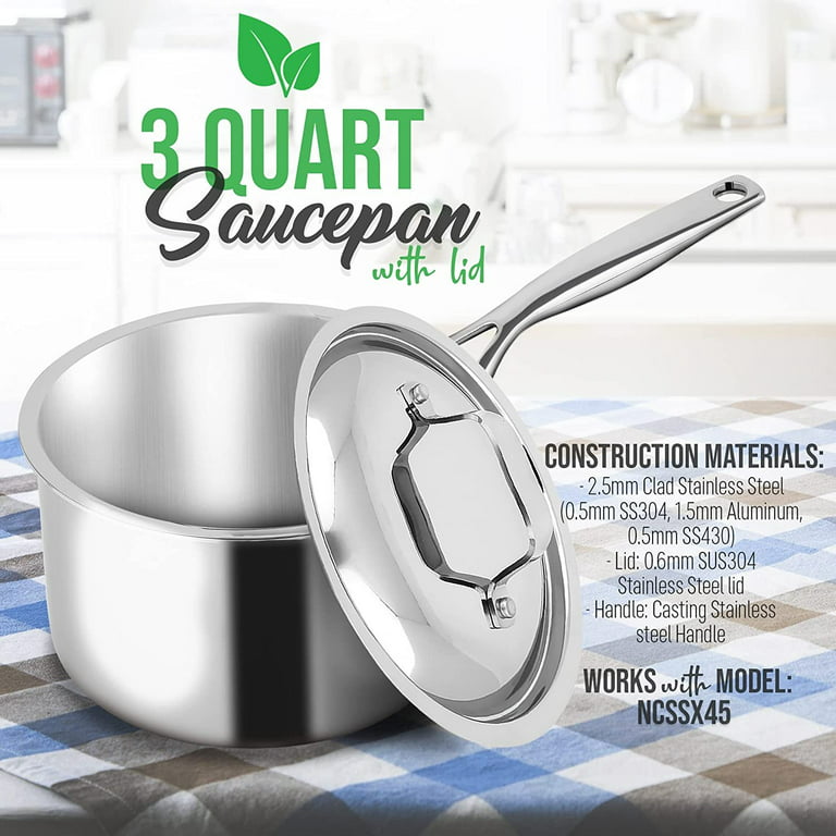Nutrichef 3-Quart Saucepan with Lid - Stainless-Steel Stain-Resistant Sauce Pot Kitchen Cookware