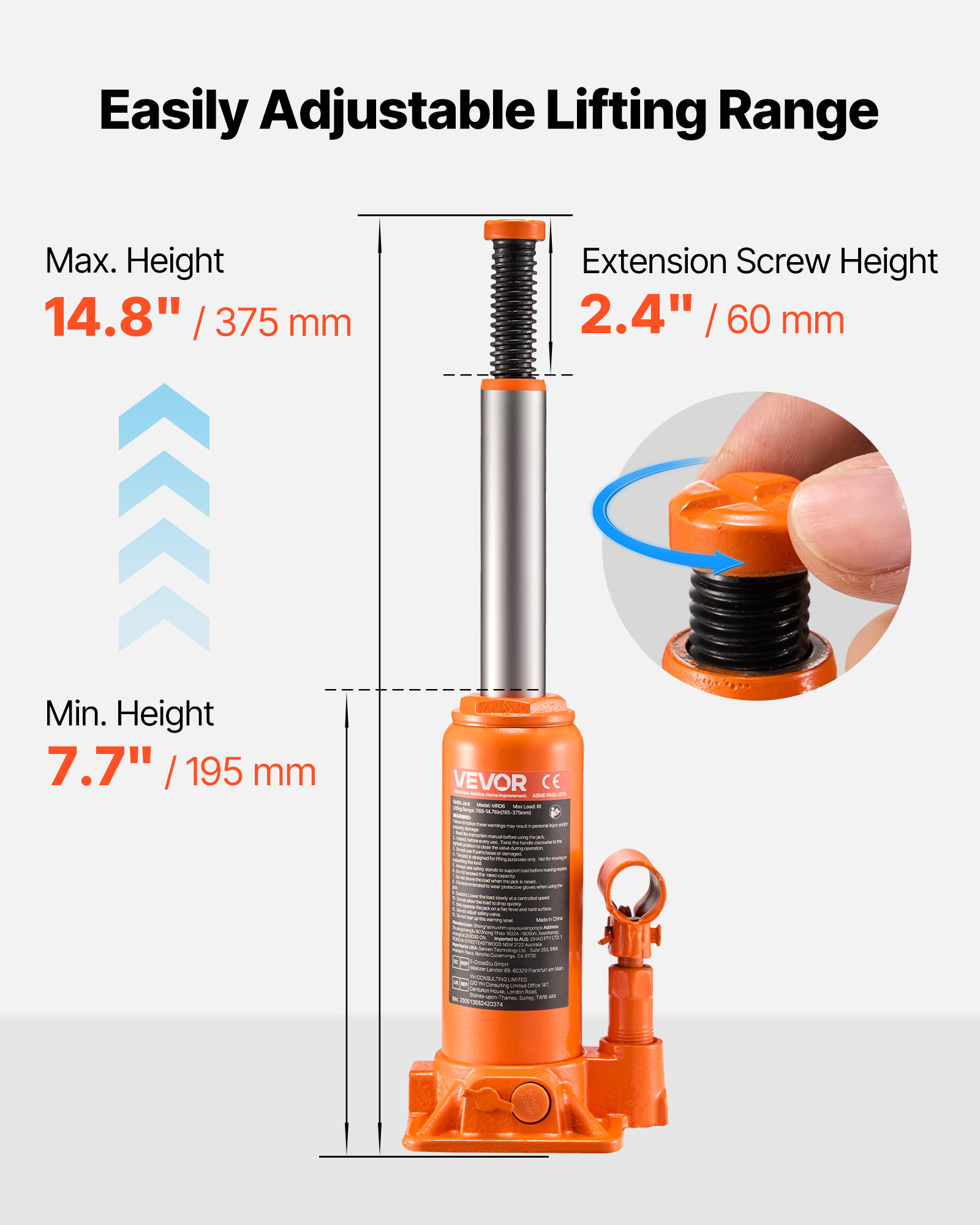 VEVOR Hydraulic Bottle Jack, 6 Ton (13227.6 lbs) Capacity, 7.7-14.8 Inch Lifting Range, Heavy Duty Welded Bottle Jack