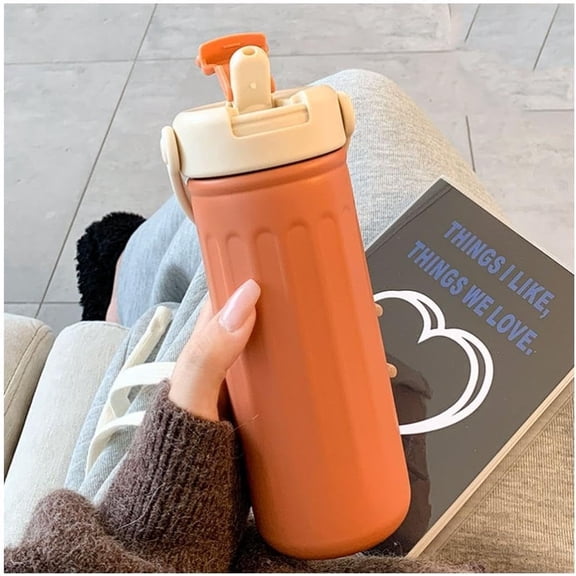 Thermo Water Bottle with Straw, 16oz/500ml Insulated Water Bottle with Handle, Stainless Steel Wide Mouth Water Bottles, Insulated Vacuum Thermo Bottles for Sport, Travel and School, BPA Free, Orange