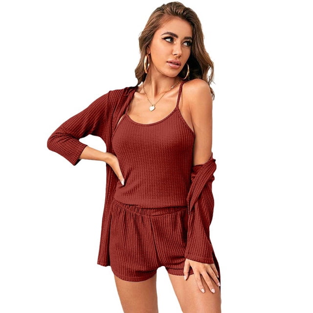 Womens Pajama Sets 3 Piece Lounge Set Ribbed Knit Cami Top and Shorts Soft Sleepwear with Robe Cardigan
