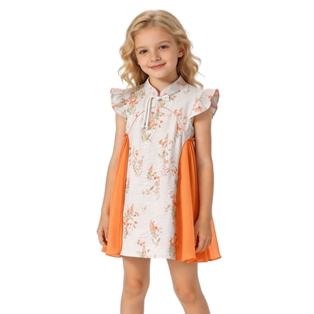 WEIWEN Toddler Girls Qipao Dress Holiday Fly Short Sleeve Chinese Tang Suit Traditional Cheongsam Floral Casual Birthday Dresses for Baby Girl Orange 3-4 Years