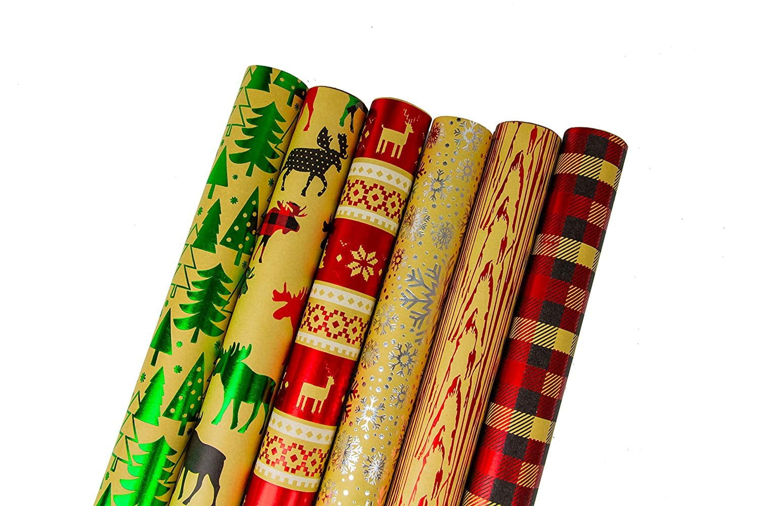 Bundle of 6 Rolls of Christmas Gift Wrapping Paper, Kraft - Cozy Cabin