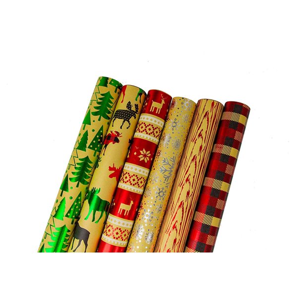Bundle of 6 Rolls of Christmas Gift Wrapping Paper, Kraft - Cozy Cabin - 90 Total Sq Ft of Xmas