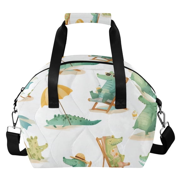 Cute Crocodiles Sunbathing on Beach Chairs Insulated Lunch Bag Reusable Quilted Lunch Box Waterproof Leakproof Lunch Container