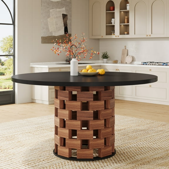 Tribesigns Round Dining Table for 4-6 People, 47-Inch Dining Table Farmhouse Kitchen Table, Dining Room Table with Wood Rectangular Block Base, Circle Dinner Table for Kitchen, Living Room