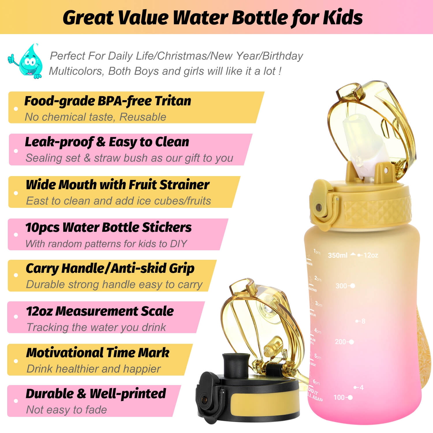 Oldley Kids Water Bottle 12 oz BPA Free Reusable With Straw/Chug 2 Lids,  Leak-Proof for Toddler Boys Girls Gift