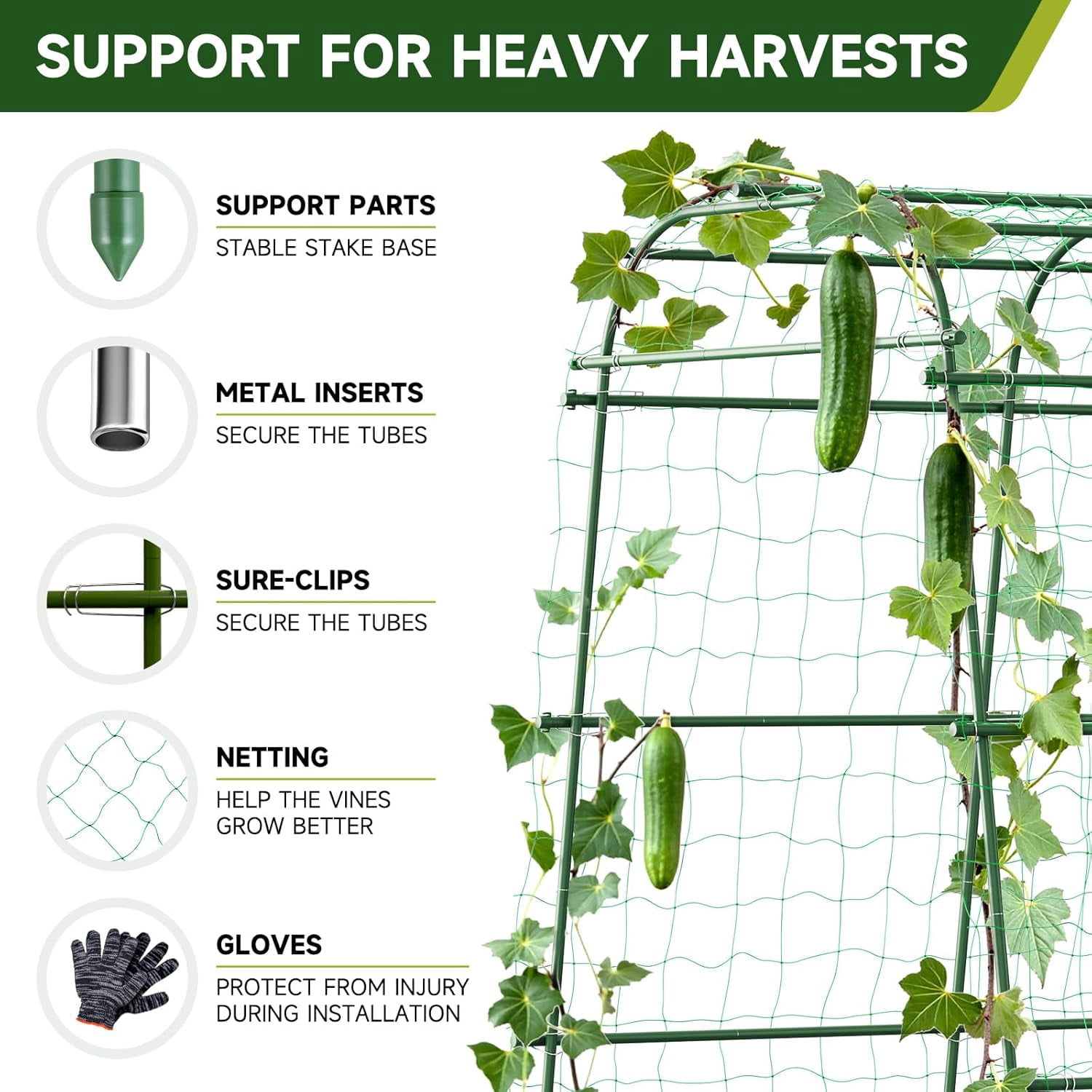 Garden Arch Trellis for Climbing Plants, 6.3ft Tall Heavy Duty Metal Cucumber Trellis, Rustproof Plant Support Tunnel for Tomato, Grape, Bean, Raised Bed and Vegetable Gardens, Green