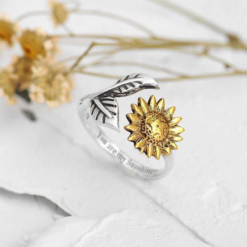 Sunflower Ring 925 Sterling Silver - "You Are My Sunshine" Band With Cubic Zirconia, Flower Design For Women (Size 7/8)