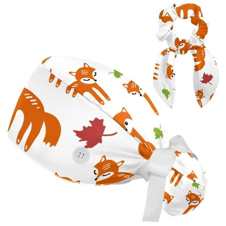 

Working Cap with Buttons and Sweatband Scrub Hat Bouffant Caps with Scrunchie Fox Tie Back Hats