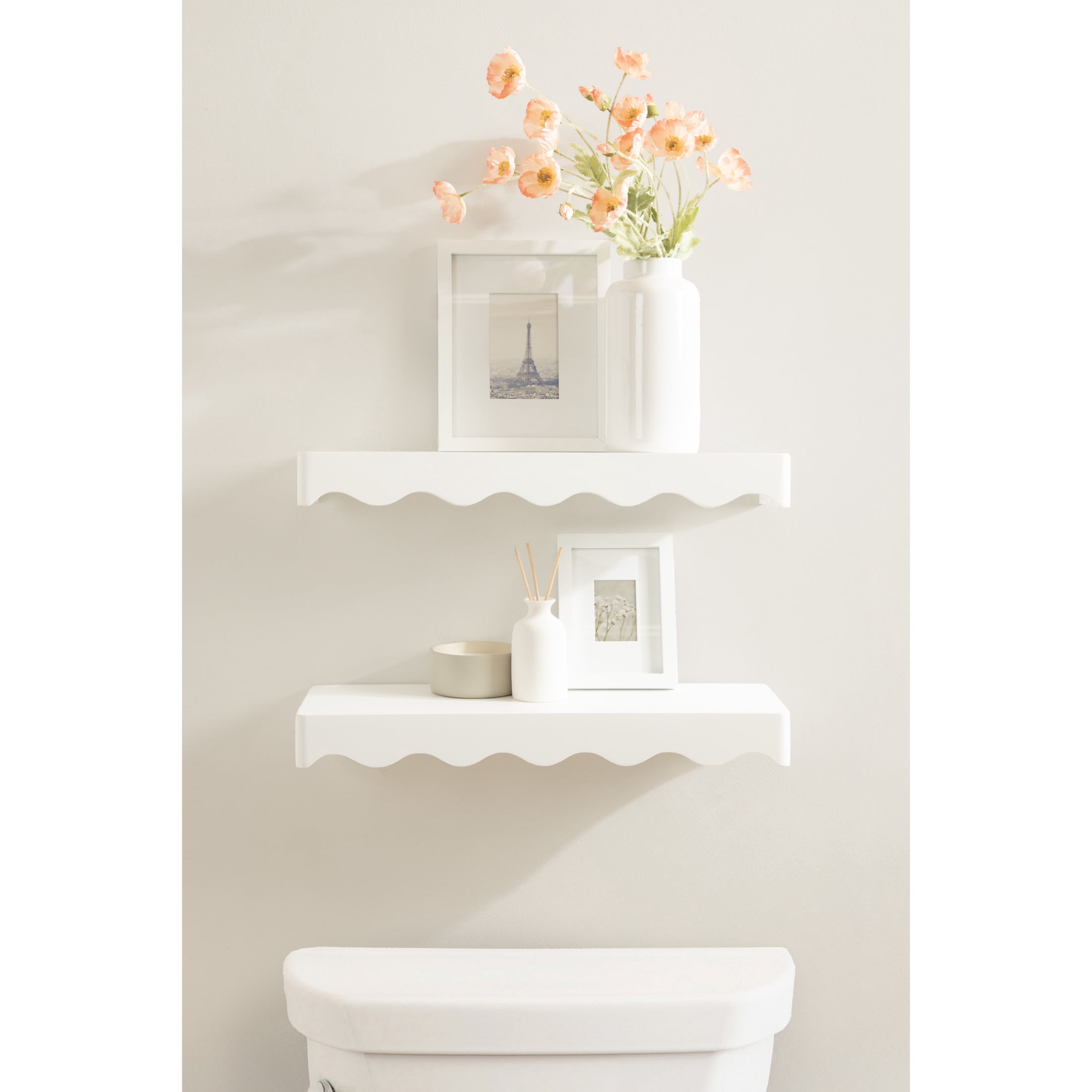 Kate and Laurel Maida Modern Decorative Wavy Wall Floating Shelves, Set of 2, 24 x 8, White, Functional Scalloped Kitchen and Bathroom Shelves for Above Toilet or Cute Dorm Room Bookshelves
