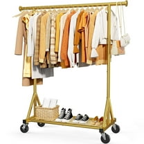 Sakugi Clothes Rack - Heavy-Duty Stainless-Steel Clothing Rack for Hanging Clothes with Mesh Shelf & Lockable Wheels, Versatile Garment Organizer with Anti-Slip Stoppers, Gold