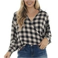 thumbnail image 3 of UVEASISHA Plaid Tops for Women Lapel V Neck Long Sleeve Shirts Cotton Casual Business Work Shirt Dressy Trendy Going Out Blouses Khaki L, 3 of 10