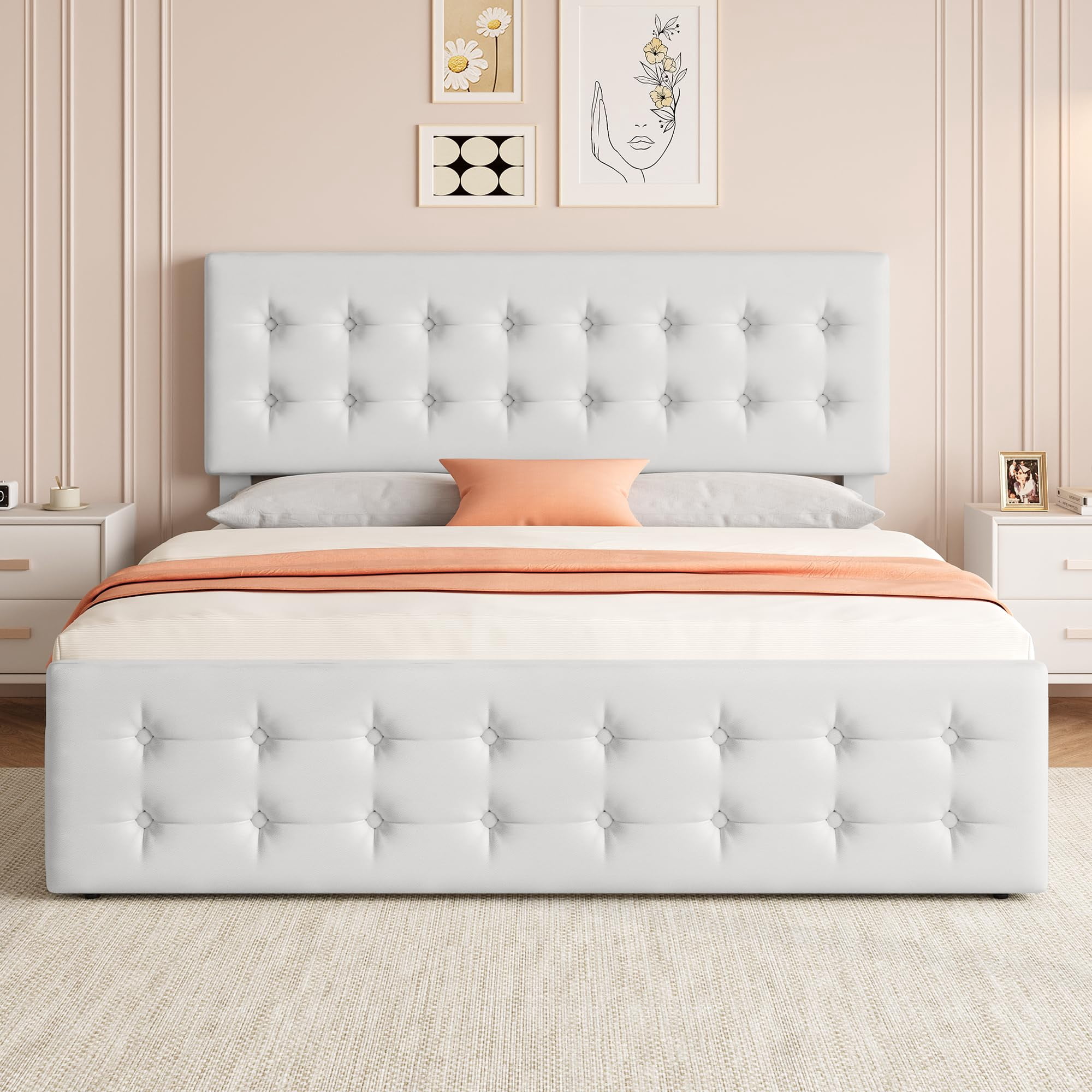 TROPOW King Size Bed Frame,with 4 Storage Drawers and Headboard, Linen Upholstered Platform Bed Frame with Wooden Slats Support, Button Tufted Design, No Box Spring Needed,White