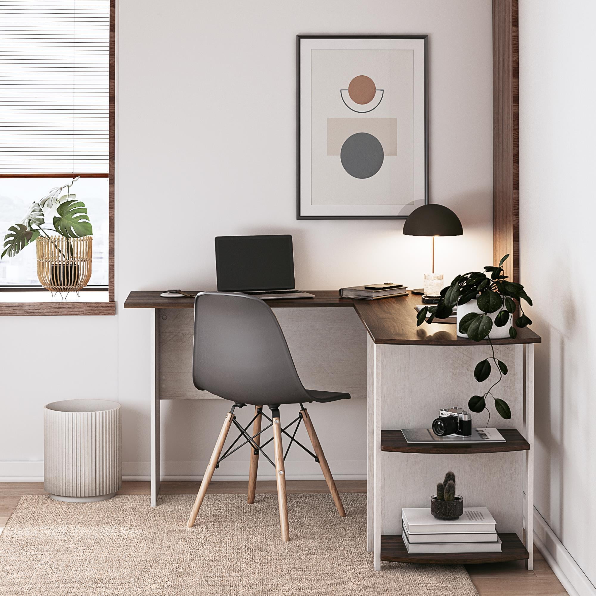 Ameriwood Home L Shaped Desk with Side Storage, Magnolia Oak/Columbia Walnut