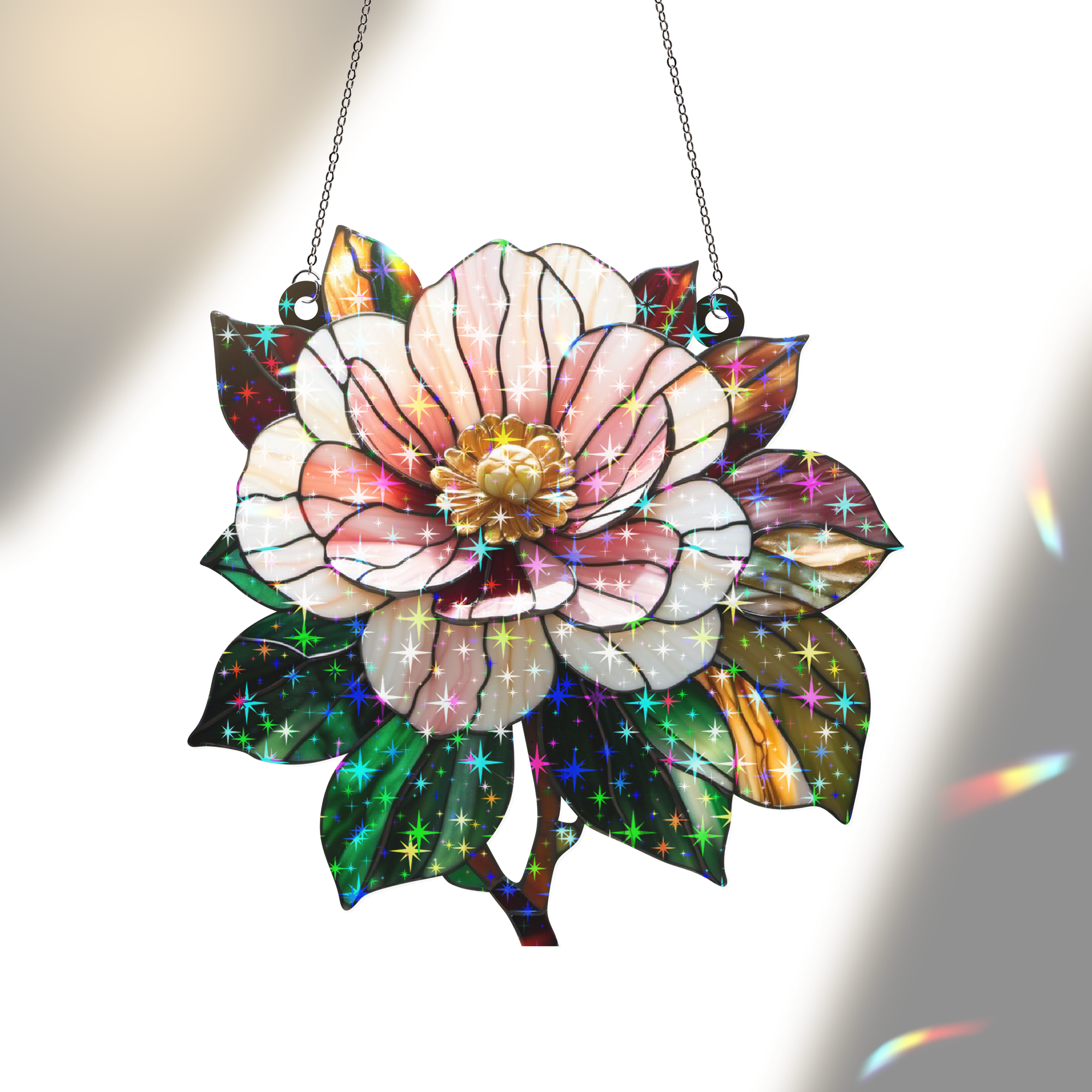 89Bloom Camellia Stained Glass Hologram Ornament, Stained Glass Suncatcher Ornaments Home Decor, Flower Holographic Ornaments