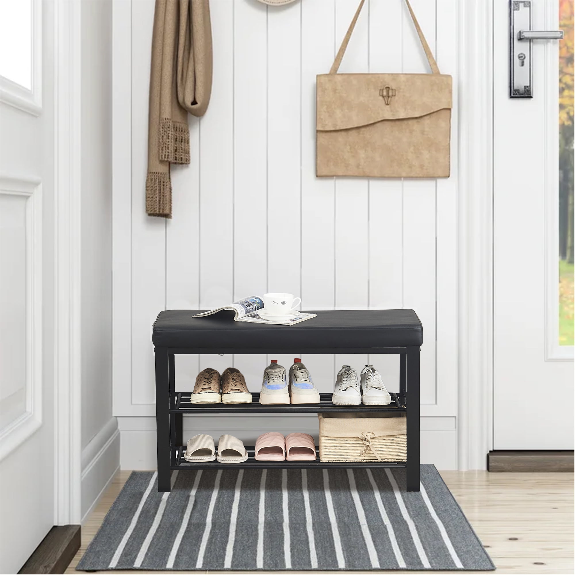 Entryway Storage Bench, SESSLIFE 3 Tier Metal Shoe Bench with Cushioned Seat, Entryway Furniture