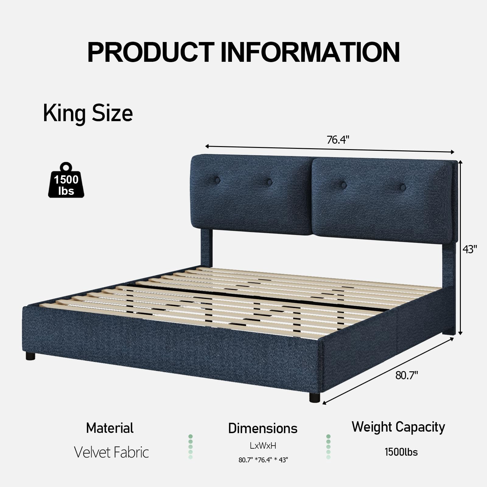 4 EVER WINNER King Bed Frame, King Size Bed Frame with Headboard, Boucle Bed Frame with Removable Pillow Upholstery, No Box Spring Required, Easy Assembly, Navy Blue