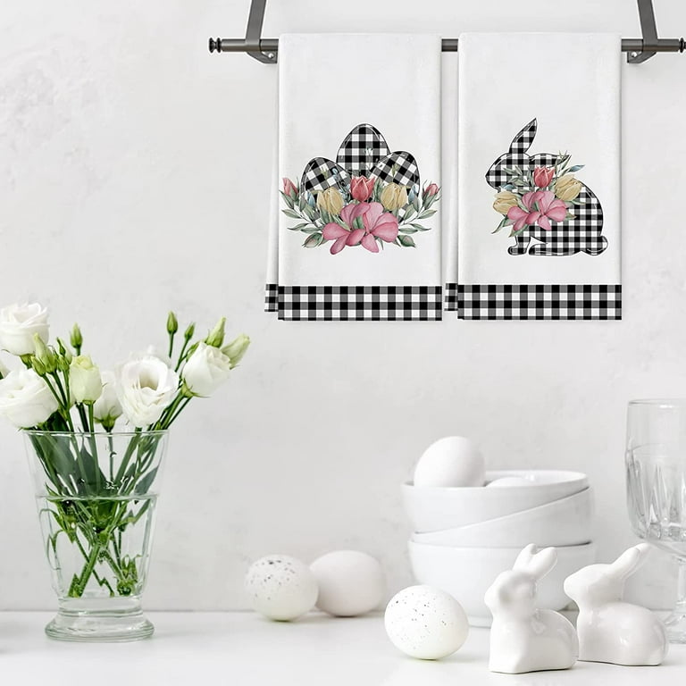 Whaline Easter Kitchen Towel Black White Dish Towel Happy Easter Plaid  Dishcloth Large Tea Towel Decorative Spring Cloth Towel for Easter Home  Kitchen