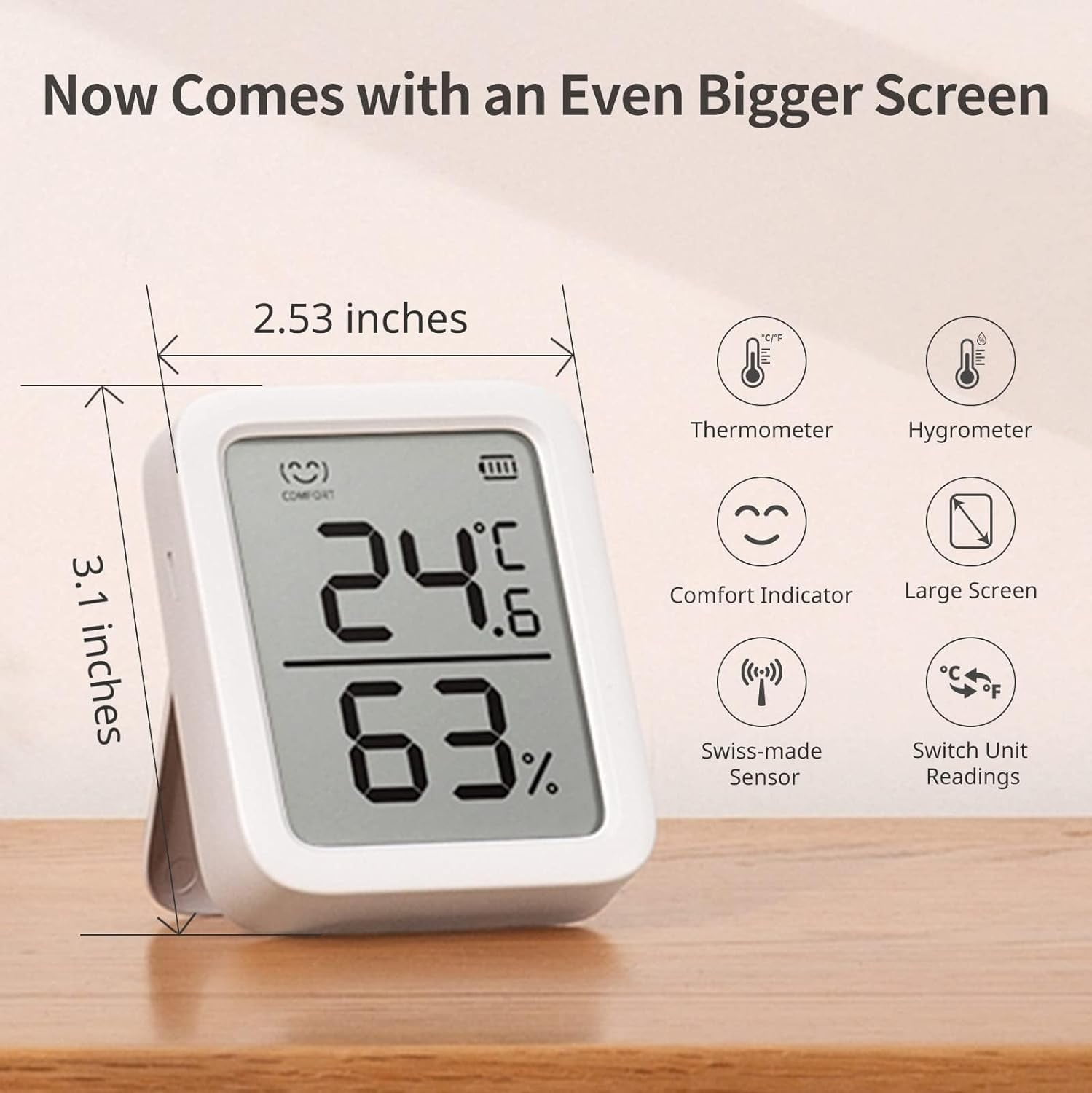 Thermometer Hygrometer, Bluetooth Indoor Humidity Meter for Home, Temperature Sensor with App Control, Large LCD Display, Notification Alerts, 2-Year Data Storage Export