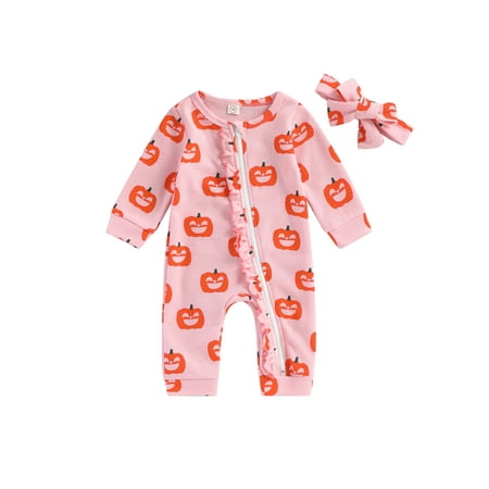 

Qtinghua 2pcs Infant Baby Girls Boys Cute Romper 0-24M Ruffles Long Sleeve Pumpkin Print Zipper Halloween Jumpsuits