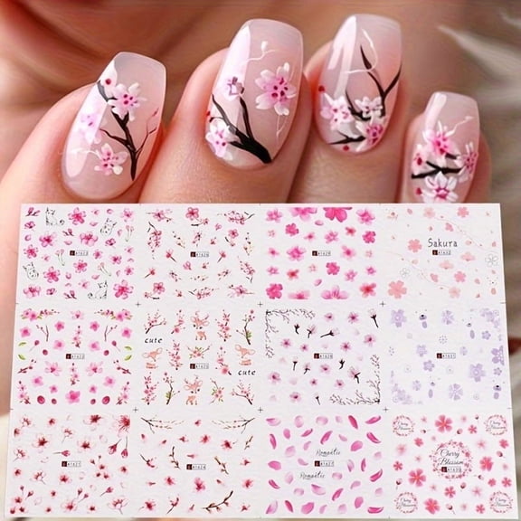 2-Piece Self-Adhesive Cherry Blossom Nail Art Stickers - Elegant Glitter Flower Decals for Women and Girls