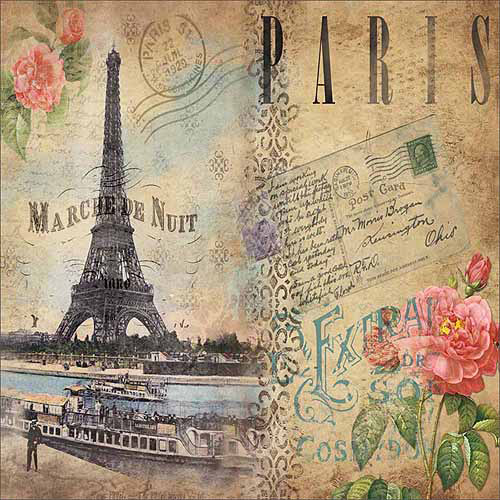 Antique Paris Eiffel Tower Rose Flower Post Card Tan & Brown Canvas Art