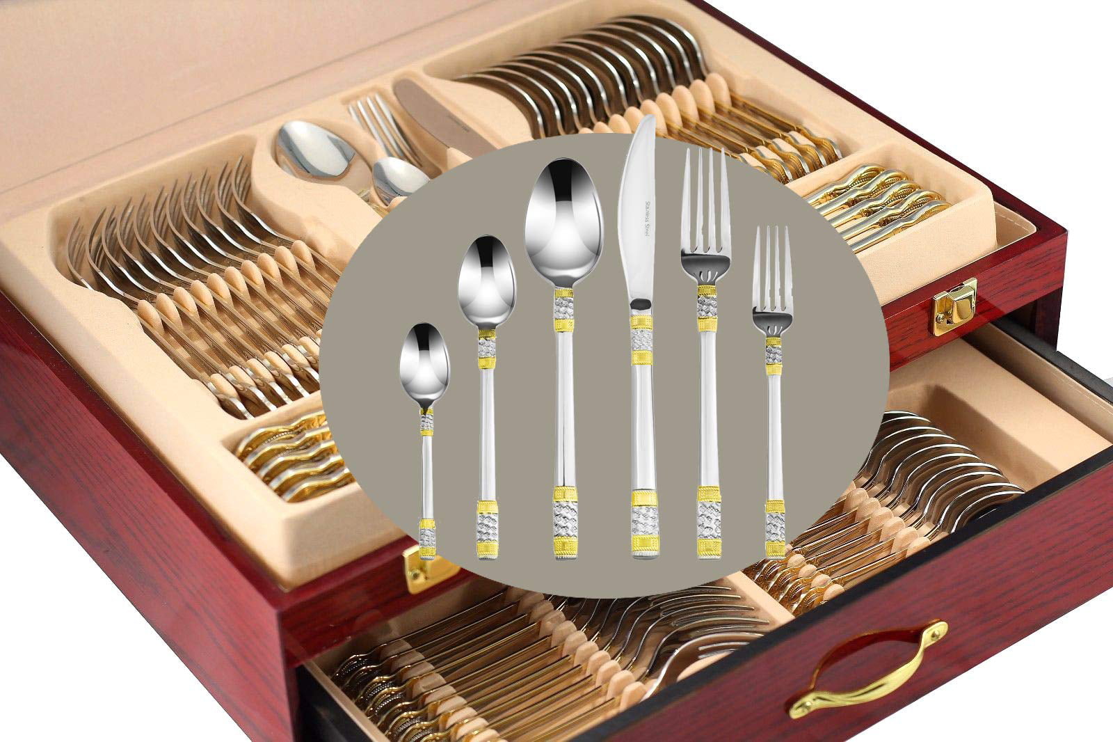 24K Gold-Plated Hostess Serving Set Venezia Collection Greek 75-Piece Fine Flatware Set Premium 18/10 Surgical Stainless Steel Silverware Cutlery Dining Service for 12 
