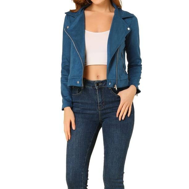 CHAQUETA DE MOTO PARA MUJER INSPIRADA EN CHIC, SUEDE FALSO, COLOR SÓLIDO, CHAQUETA CON CREMALLERA ASIMÉTRICA, TAMAÑO S, AZUL REAL
