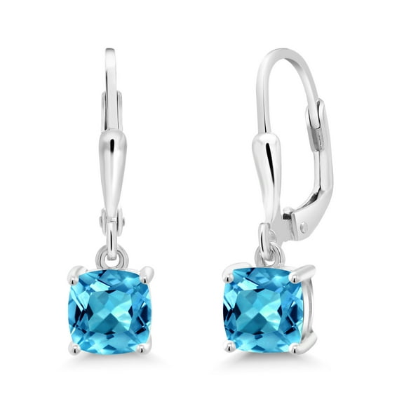 Gem Stone King 925 Sterling Silver Swiss Blue Topaz Dangle Earrings for Women (2.30 Cttw, Gemstone November Birthstone, Cushion 6MM)