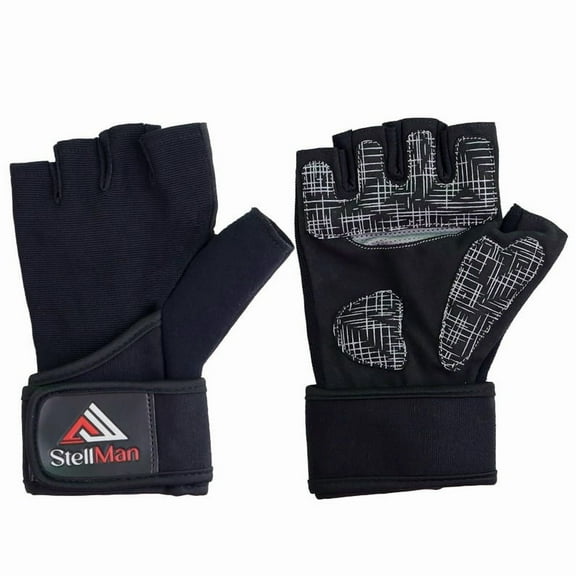 StellMan Black Workout Gloves with Enhanced Grip Padding – Adjustable Gym Gloves with Wrist Wraps for Men and Women