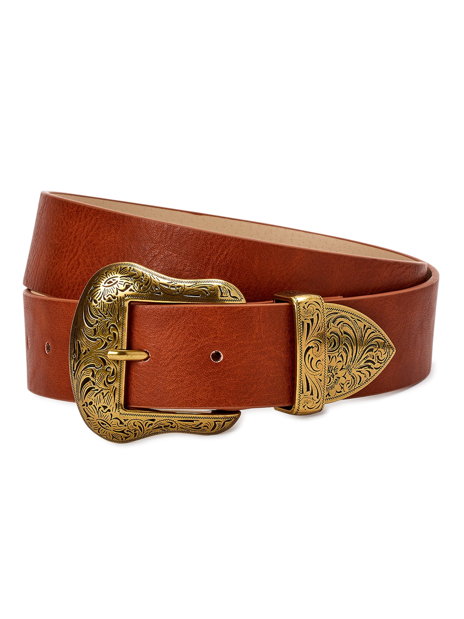 Womens Stylish Gold Wide Buckle on Metallic Croc Embossed Leatherette Strap