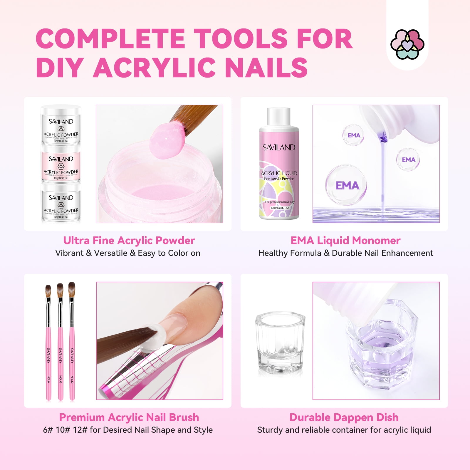 SAVILAND Acrylic Nail Kit with Everything: Acrylic Powder and Acrylic Liquid Set with Gel Nail Polish Practice Finger Nail Decoration Nail Art Accessory for Beginner