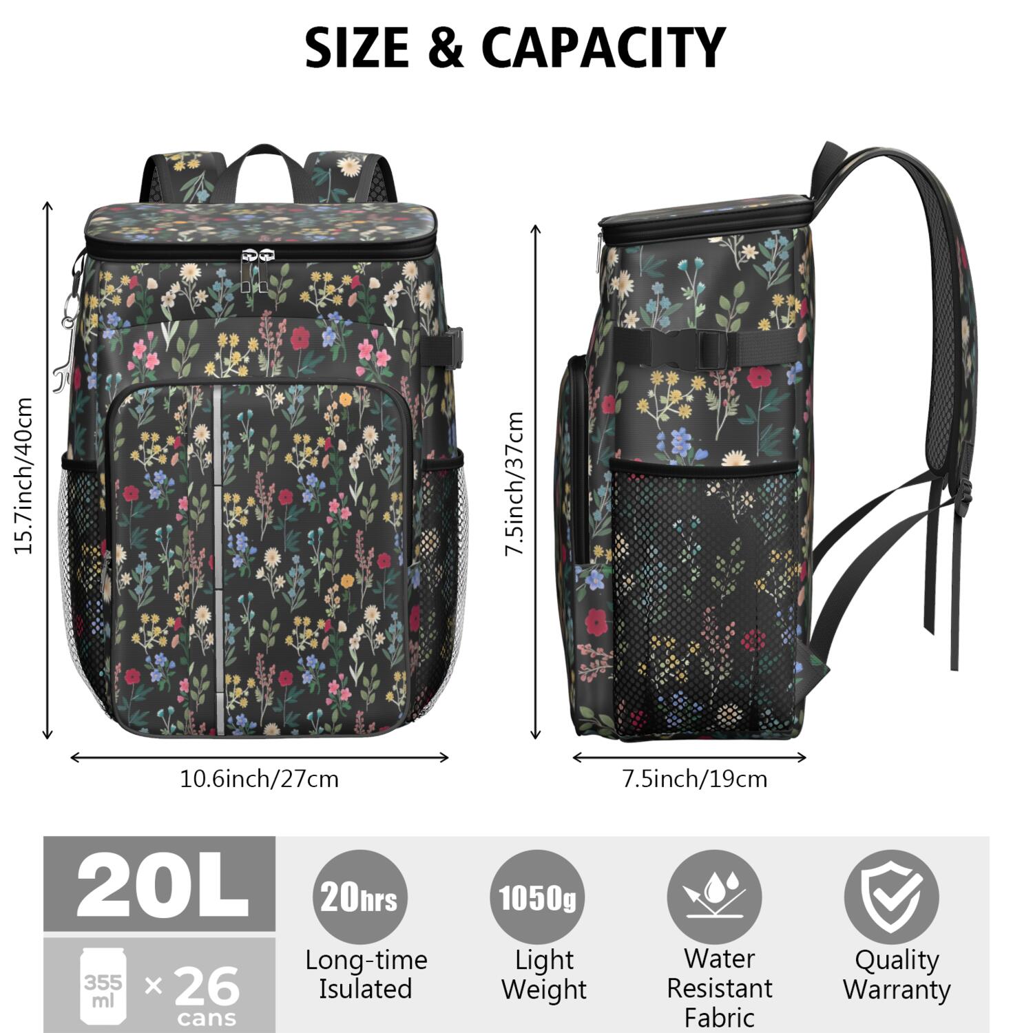 Travel Cooler Bag - Pioneer Flower Floral Print Pattern Camping Beer Cooler Backpack with Bottle Opener- Waterproof Insulated Picnic Backpacks - Cooler Bag for Beach