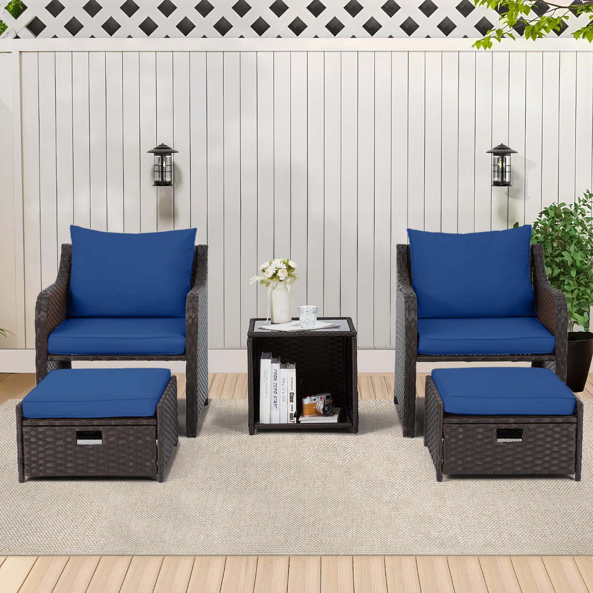 HOMREST 5 Piece Balcony Furniture, All Weather PE Wicker Rattan Patio Furniture Set, Cushioned Patio Chairs Set of 2 w/Ottoman&Table, Outdoor Lounge Chair for Lawn Pool Balcony, Navy Blue