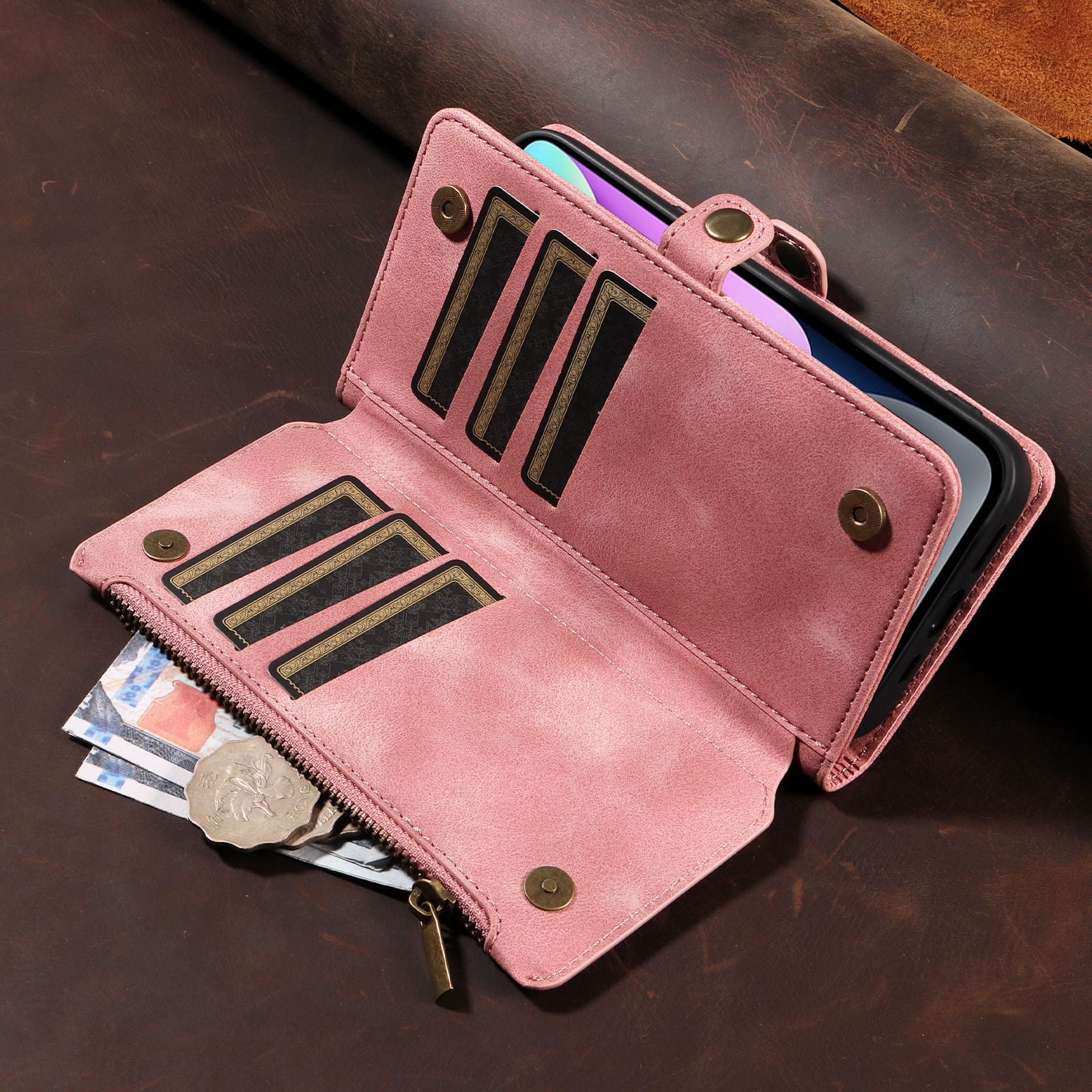 Solennerer Compatible with iPhone 14 Case Wallet with RFID Blocking Card Holder for Women and Men, Fashion PU Leather Magnetic Snap Flip Zipper Strap Wallet Phone Case Fit