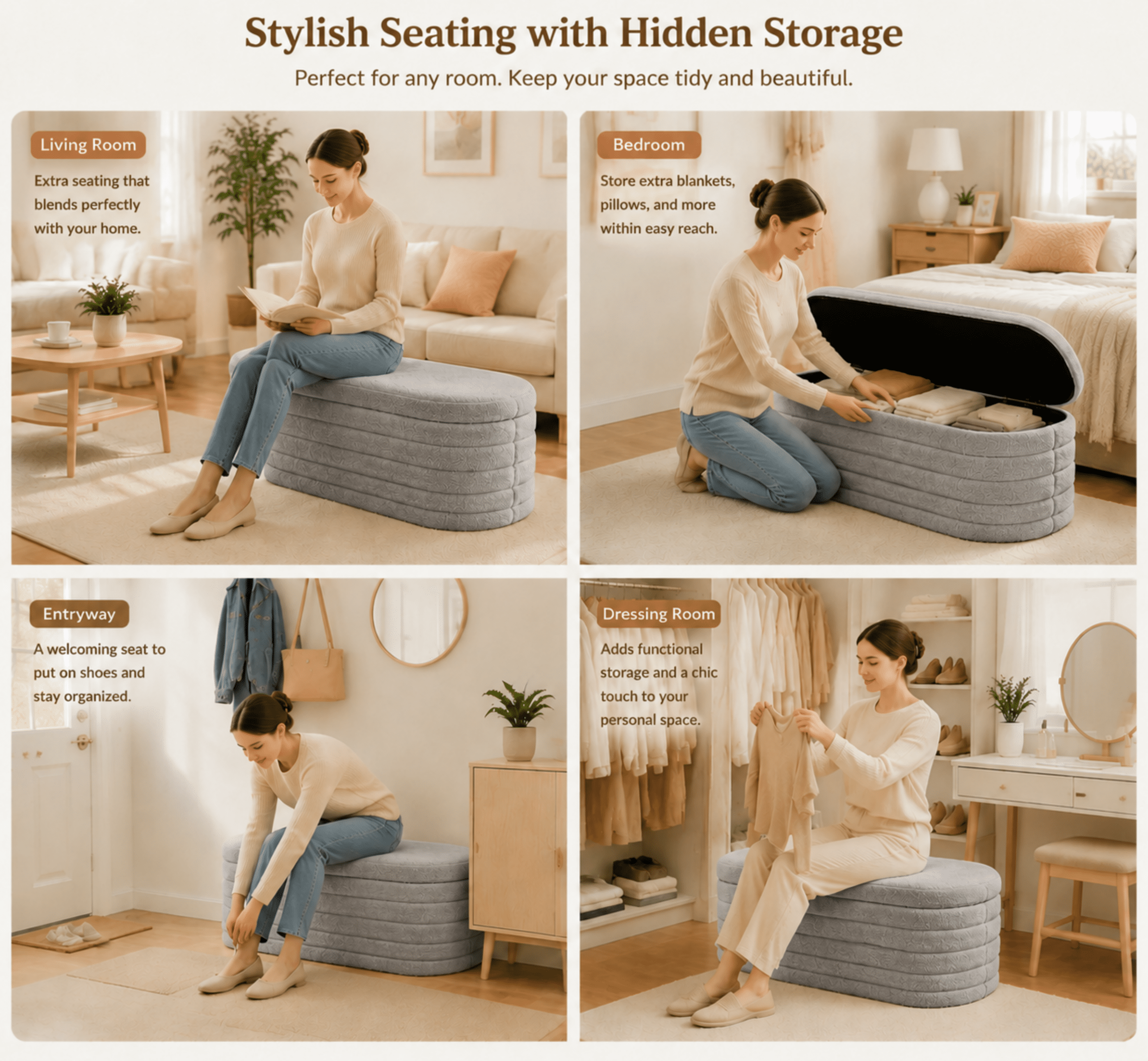 Storage Ottoman Bench End of Bed for Bedroom,43 inch Teddy Boucle Upholstered Entryway Shoe Seat Bench w/Storage,Sherpa Modern Cute Stool Foot Rest for Living Room,Window Seating,Light Gray