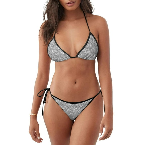 Ratiio GlitterSilver Pattern Women's Two Piece Bikini Swimsuit - Adjustable Tie Bikini Set Sexy & Comfortable Beach Swimwear