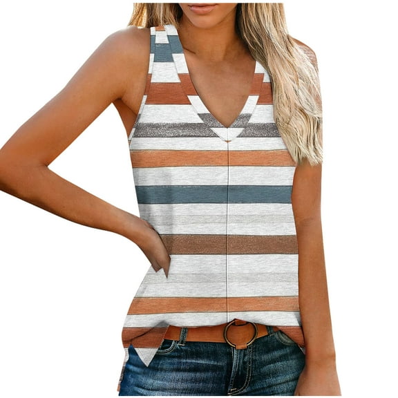 QUNYINEY Striped Womens Tank Top Casual V Neck Camisole Sleeveless Tops Loose Flowy Summer Tank Tops