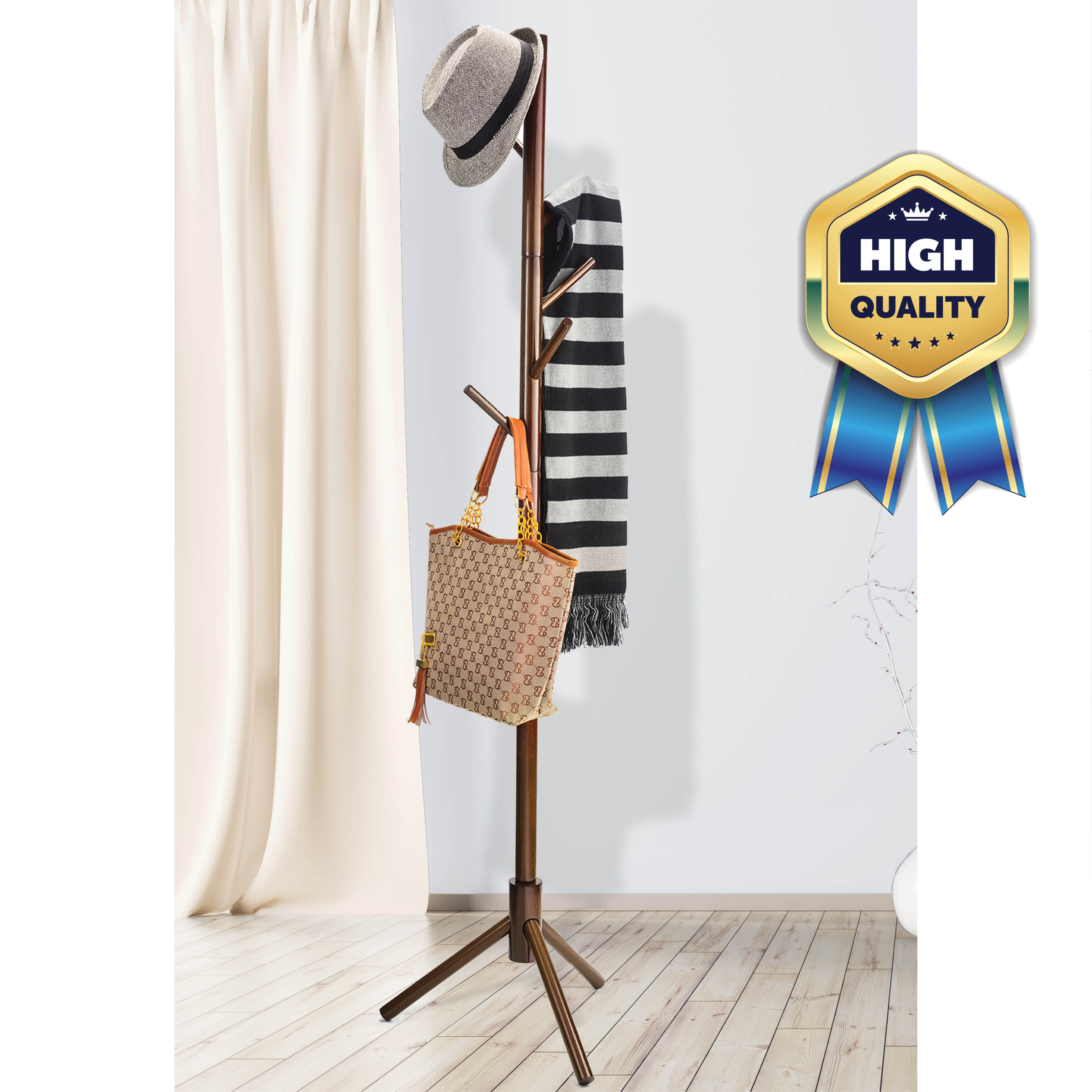 Premium Wooden Coat Rack Free Standing, With 6 Hooks Lacquered Pine ...