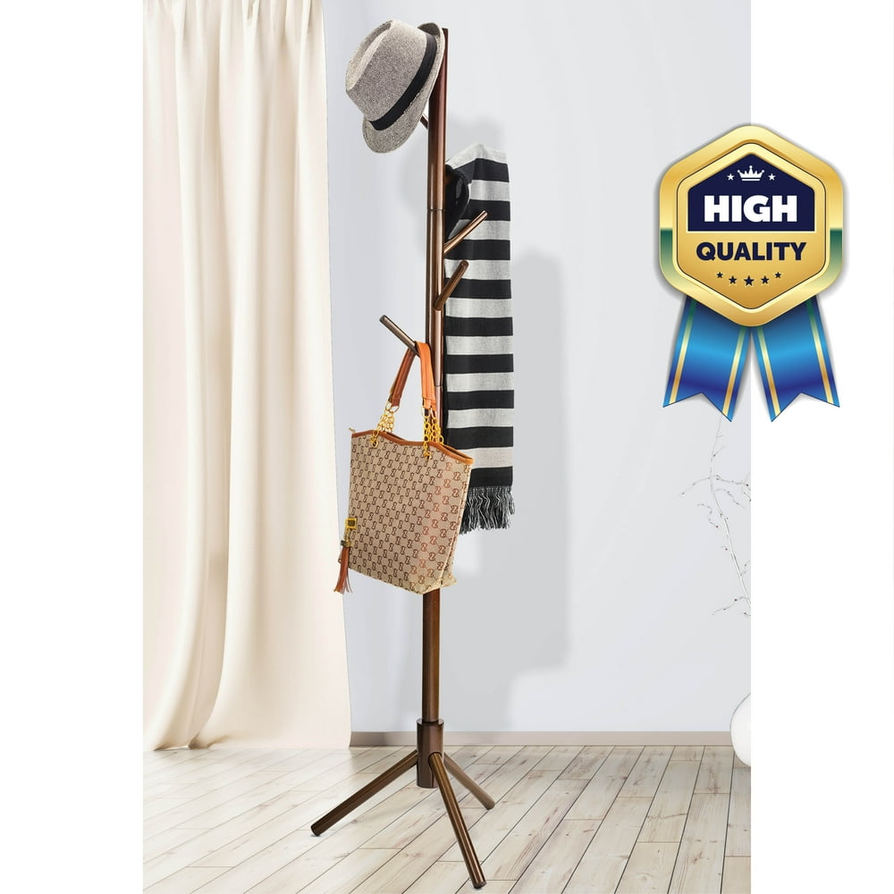 Premium Wooden Coat Rack Free Standing, With 6 Hooks Lacquered Pine