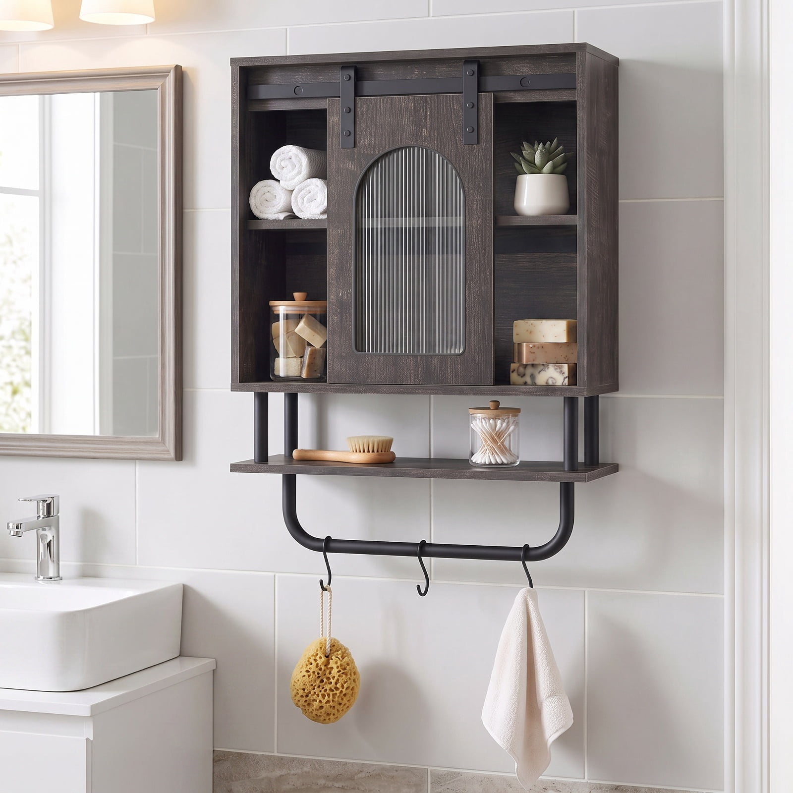 Vebreda Bathroom Wall Cabinet with Sliding Barn Door and Metal Hanging Bar with 3 Hooks, Stylish Farmhouse/Industrial Charm, Secure Wall Mounting
