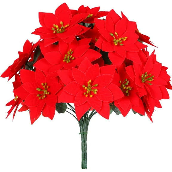 Artificial Silk Poinsettia Bouquet,Tutuviw Red Fake Velvet Poinsettia Flowers,Fake Poinsettia with Stems 7 Heads Christmas Red Flowers for Garden Wedding Xmas Tree Table Centerpiece Holiday Decor