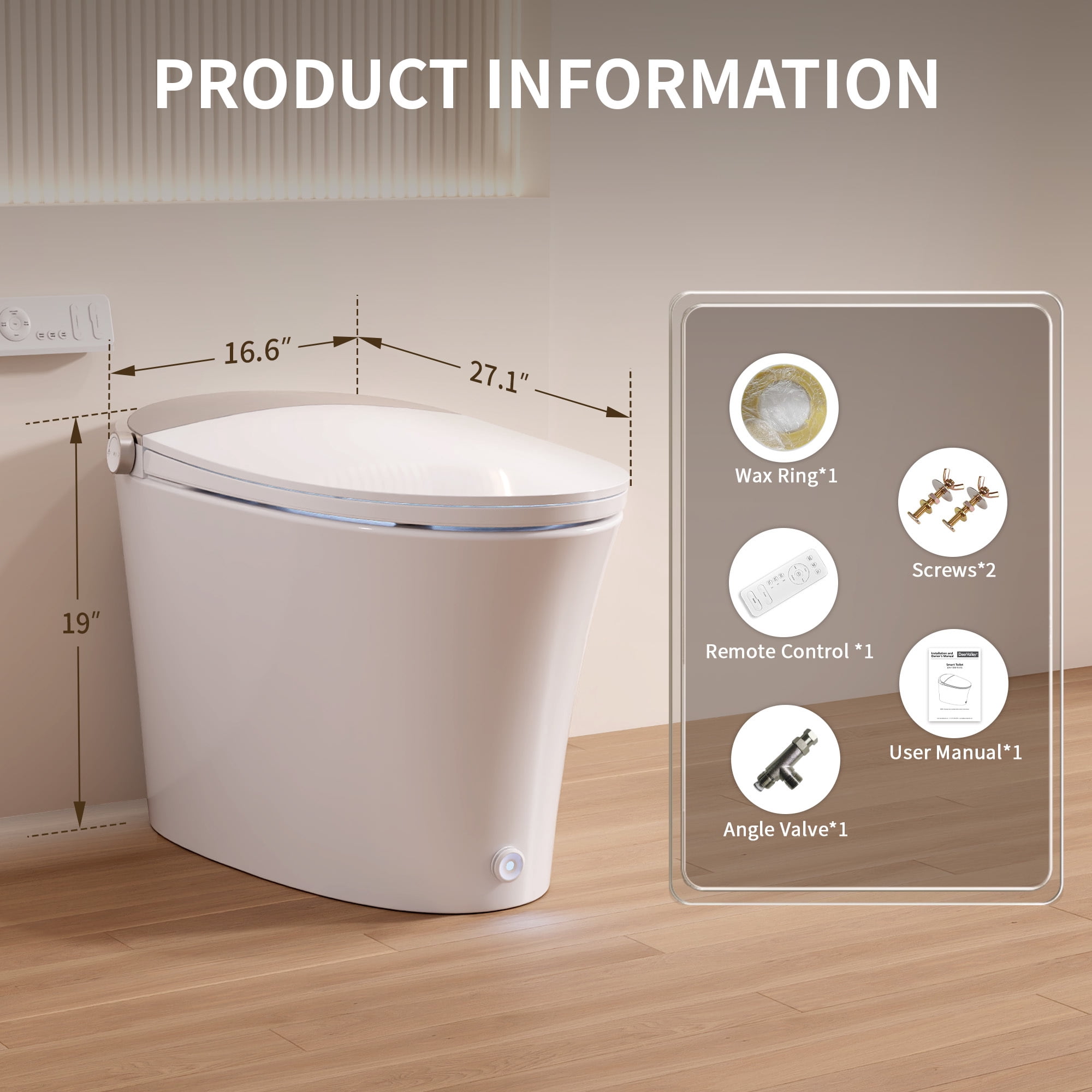 DeerValley DV-1S0456 ADA Smart Toilet with Built-In Bidet,One Piece Tankless Elongated Toilet,Auto Flush,Heated Seat,Hot & Cold Massage Wash,Warm Air Dryer,Remote Control,1000g MaP Flush,White