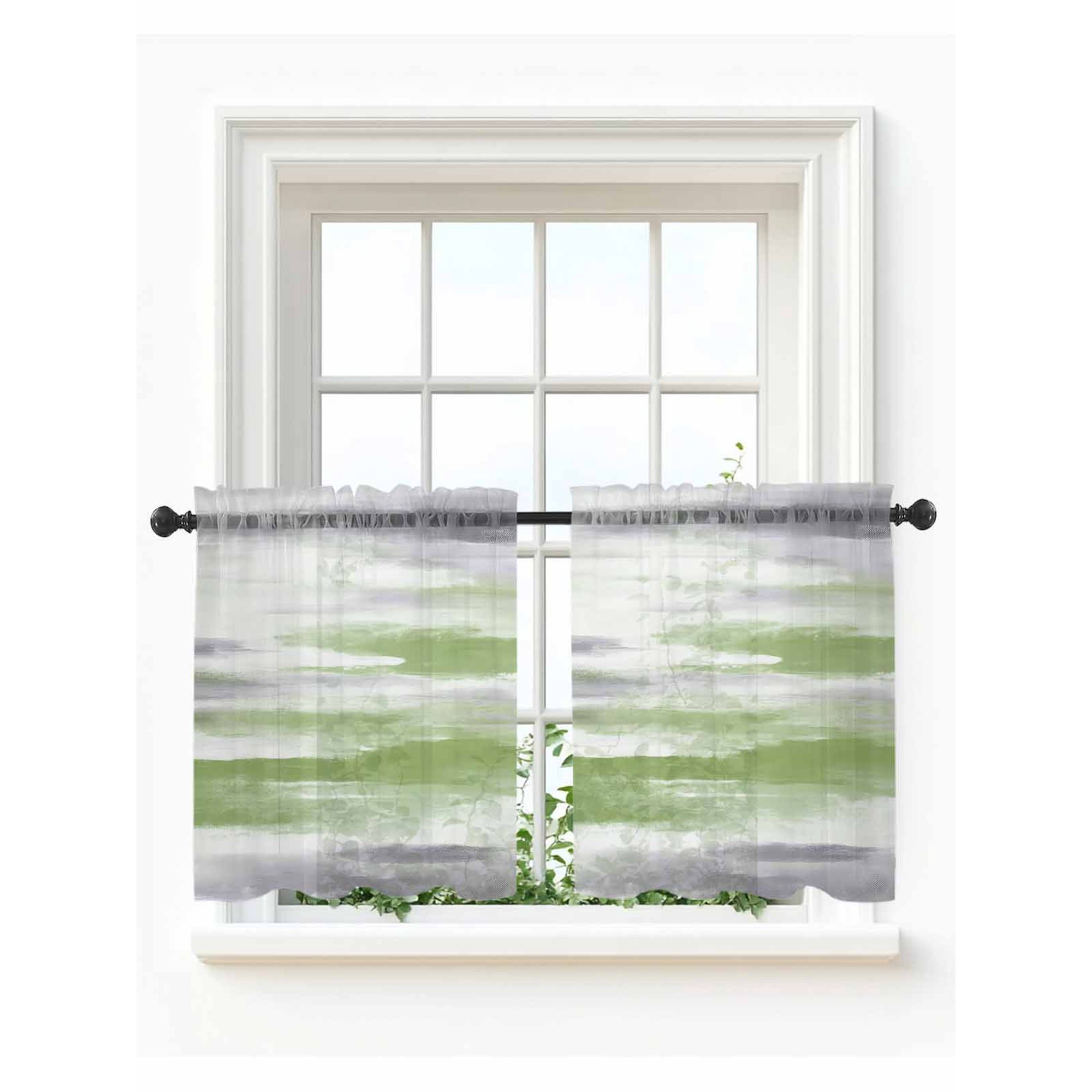 Sage Green Gray Tier Curtains 24 Inch Length,Sheer Curtains for Bedroom Living Room Window Neutral Abstract White Ombre Texture Voile Drapes Kitchen Curtains Small Half Window 27.5"x24" 2 Panels