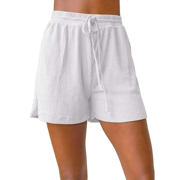 JINMGG Shorts for Women Clearance $5 Women's Summer Ribbed Knit Elastic Drawstring Waist Casual Beach Shorts Pockets White L