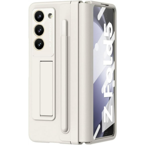 Galaxy Z Fold 5 Case - Full Protection, S Pen Holder, with Kickstand and Screen Protector, One-Piece Housing Leather PC Cover for Samsung Galaxy Z Fold 5 5G 2023 (White)