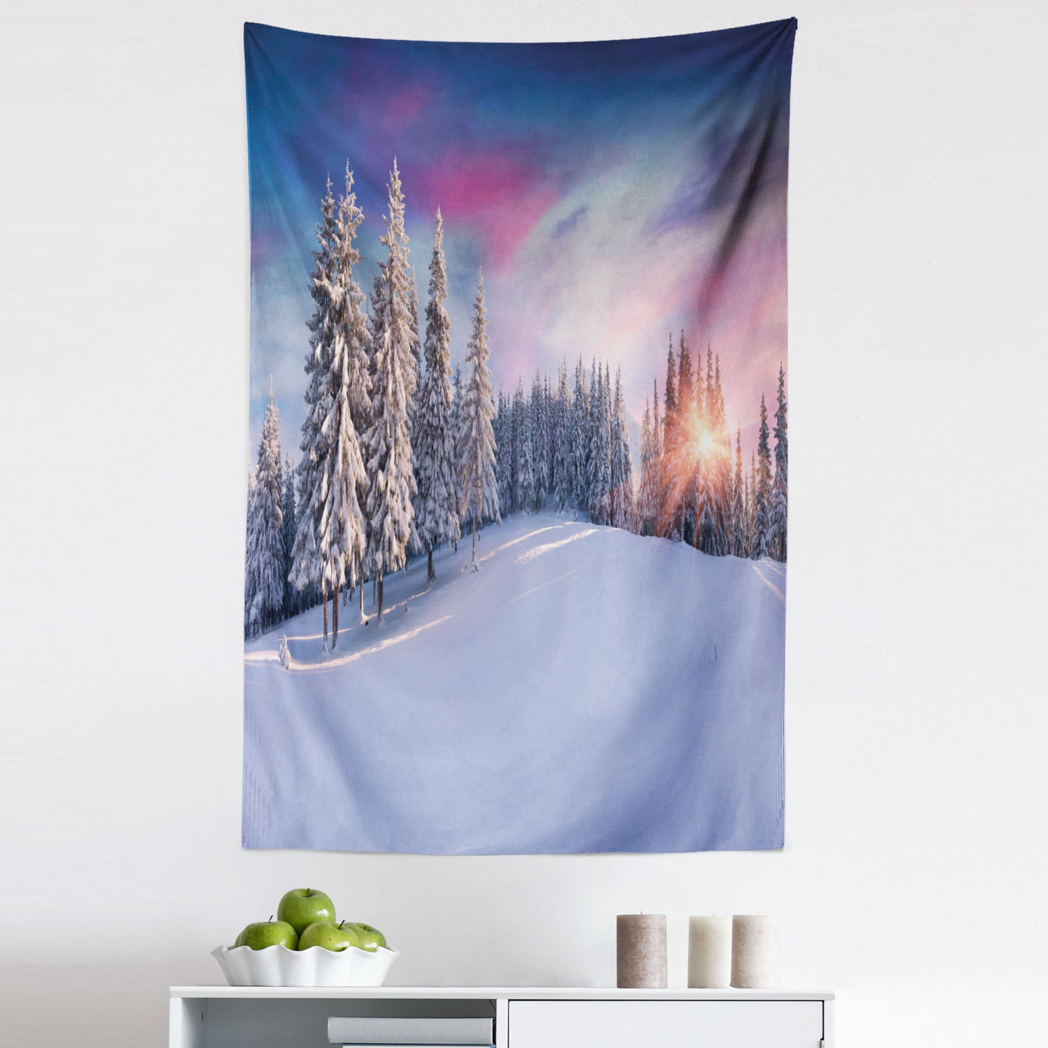 Ambesonne Winter Tapestry, Idyllic Panorama of Winter Sunrise in Snow Covered Mountains Serenity Freshness, Wide Wall Hanging for Bedroom Living Room - 1