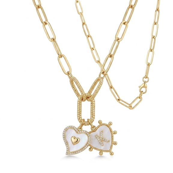 RUNDRAW Gold Plated Paperclip Chain Double Heart Enamel Pendant Necklace Dainty Layering Jewelry for Women