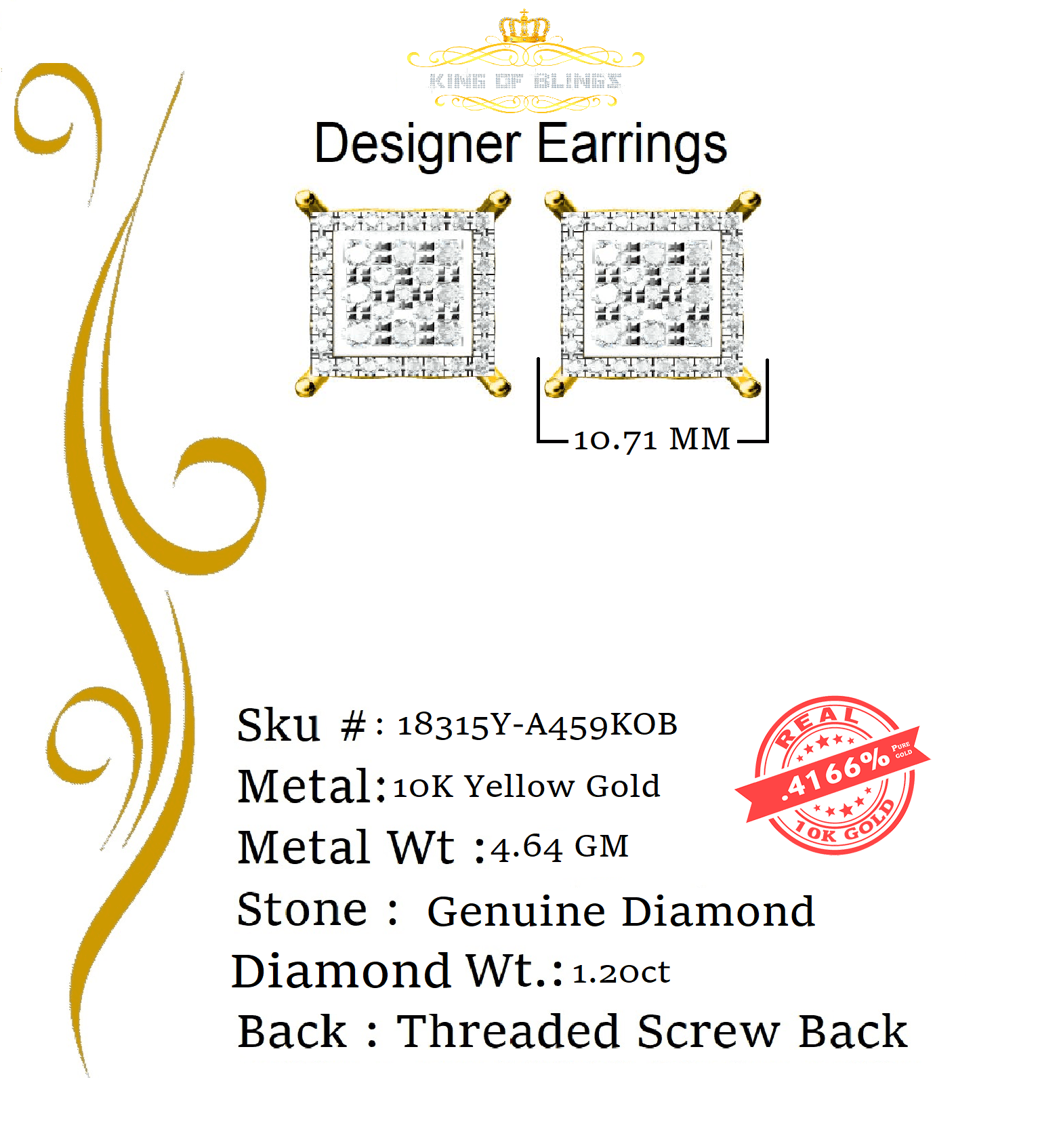 King of Bling's 10K Real Yellow Gold with 1.20CT Real Diamond Men's/Women's Stud Square Earrings