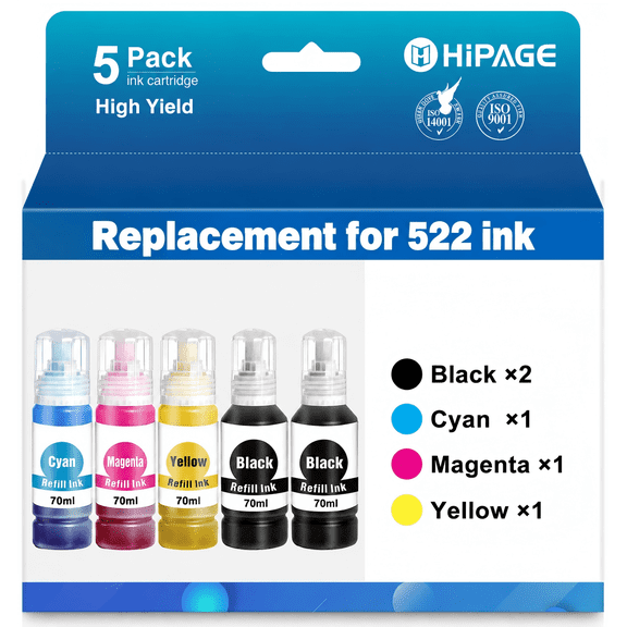 HIPAGE Ink Bottle Compatible for Epson 522 Ink Bottles for Epson 522 Ink Refill Bottles for Epson EcoTank ET-2720 ET-2800 ET-2840 ET-4700 ET-4800 ET-4810 Printer (2 Black Cyan Magenta Yellow, 5 Pack)